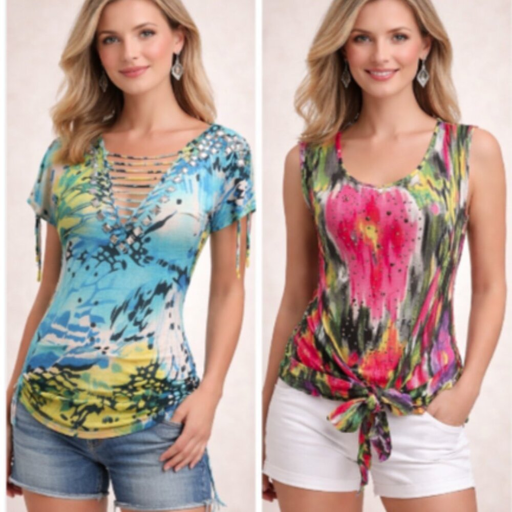 Alberto Makali Tops Prints Blue Pink Yellow Green 2pc + Gift Earrings Bundle